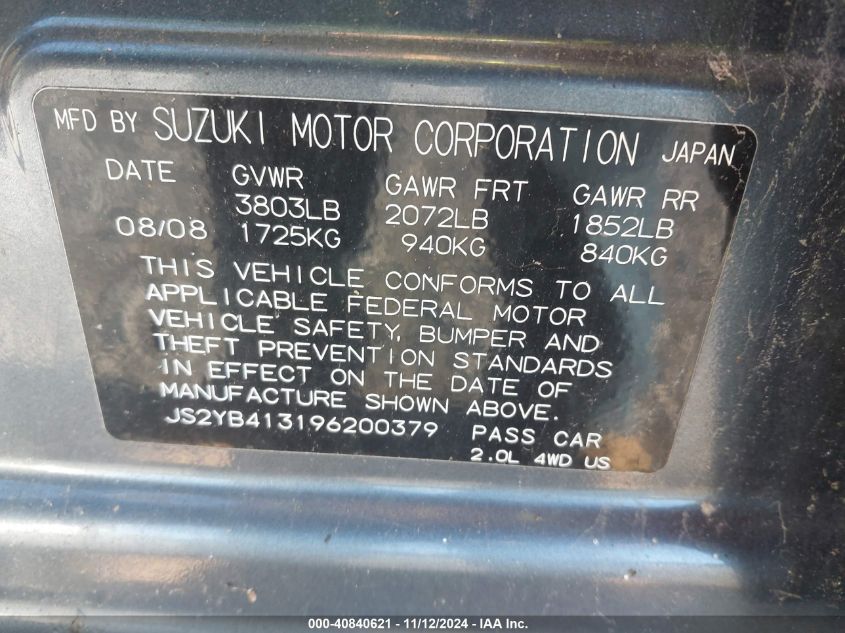 2009 Suzuki Sx4 Technology VIN: JS2YB413196200379 Lot: 40840621