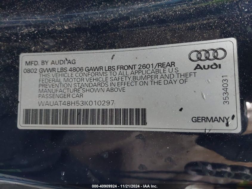 2003 Audi A4 3.0 VIN: WAUAT48H53K010297 Lot: 40909924