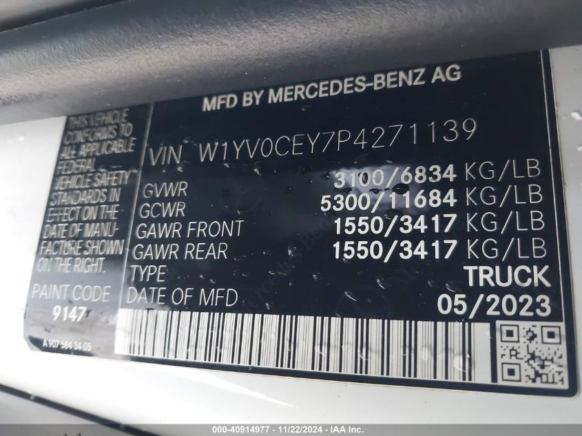 2023 Mercedes-Benz Metris VIN: W1YV0CEY7P4271139 Lot: 40914977