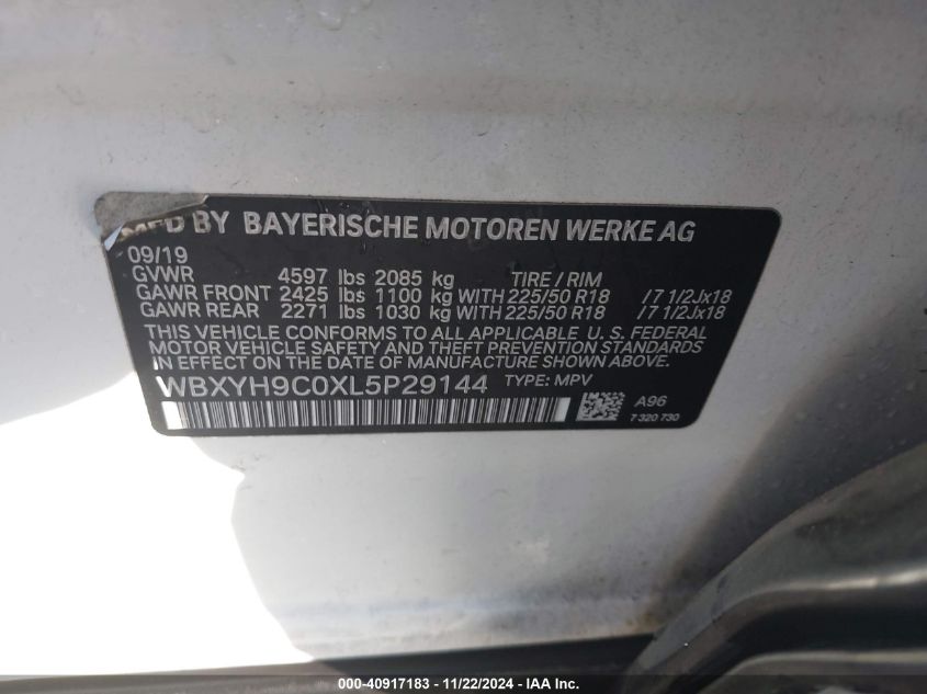 2020 BMW X2 Sdrive28I VIN: WBXYH9C0XL5P29144 Lot: 40917183