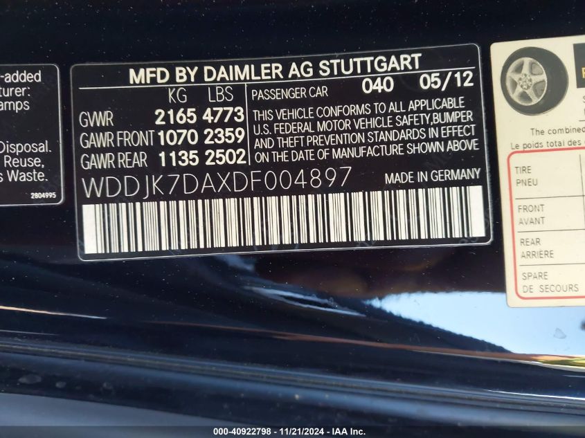 2013 Mercedes-Benz Sl 550 VIN: WDDJK7DAXDF004897 Lot: 40922798