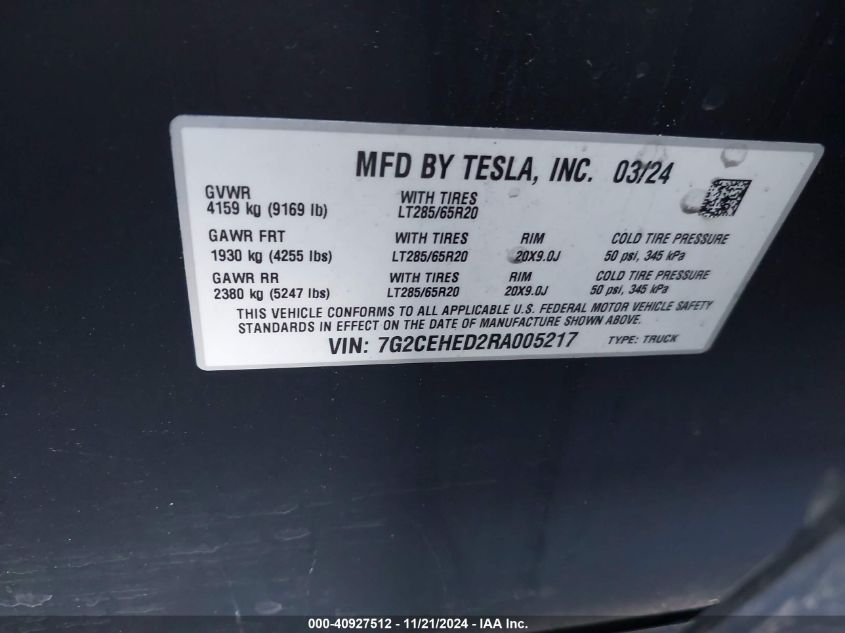 2024 Tesla Cybertruck All-Wheel Drive VIN: 7G2CEHED2RA005217 Lot: 40927512