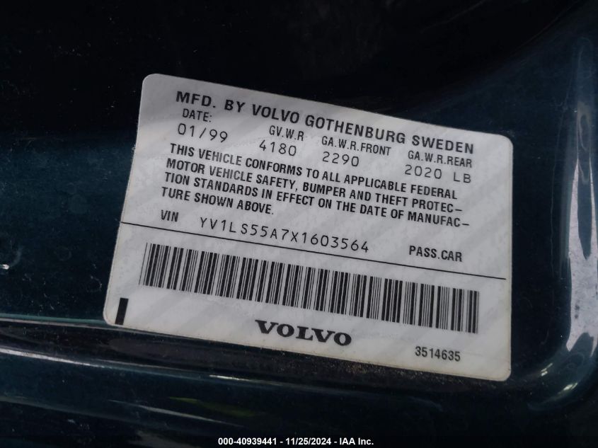 1999 Volvo S70 VIN: YV1LS55A7X1603564 Lot: 40939441