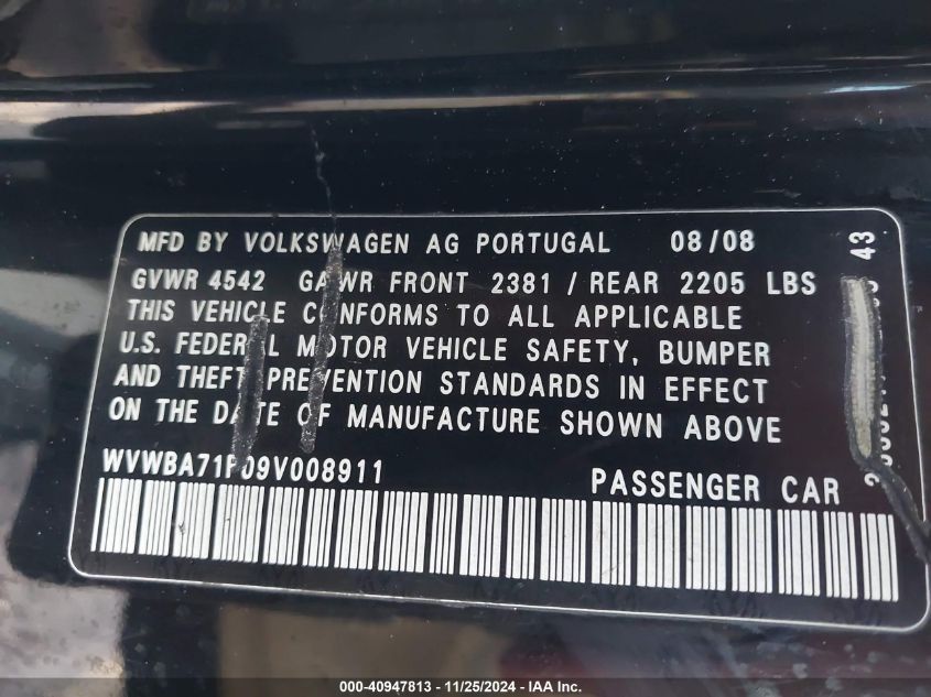 2009 Volkswagen Eos Komfort VIN: WVWBA71F09V008911 Lot: 40947813