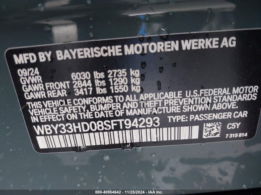 2025 BMW I4 M50 VIN: WBY33HD08SFT94293 Lot: 40954642