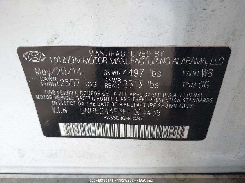 2015 Hyundai Sonata Se VIN: 5NPE24AF3FH004436 Lot: 40955171