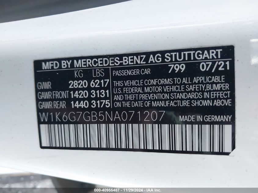 2022 Mercedes-Benz S 580 4Matic VIN: W1K6G7GB5NA071207 Lot: 40955487