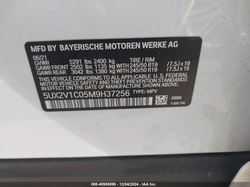 2021 BMW X4 xDrive30I VIN: 5UX2V1C05M9H37256 Lot: 40958898