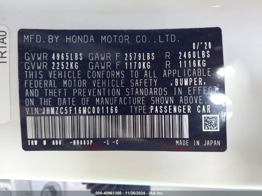 2021 Honda Clarity Plug-In Hybrid VIN: JHMZC5F16MC001166 Lot: 40961350