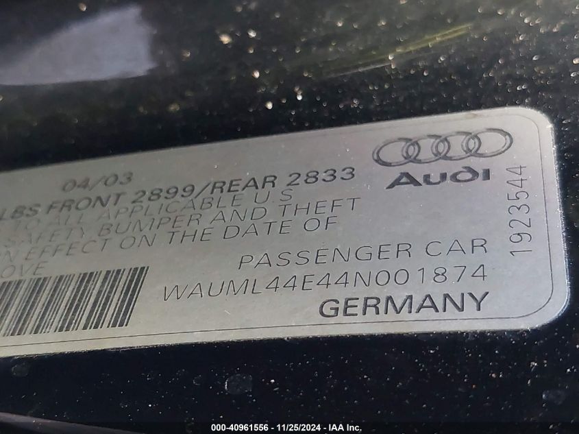 2004 Audi A8 L 4.2 VIN: WAUML44E44N001874 Lot: 40961556