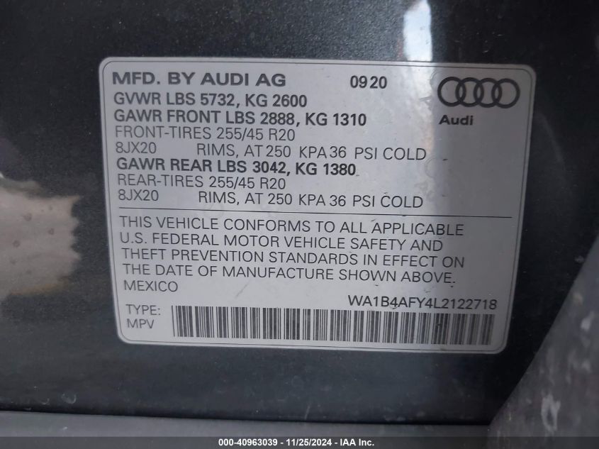 2020 Audi Sq5 Premium Plus Tfsi Quattro Tiptronic VIN: WA1B4AFY4L2122718 Lot: 40963039