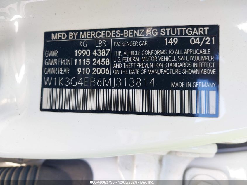 2021 Mercedes-Benz A 220 VIN: W1K3G4EB6MJ313814 Lot: 40963795