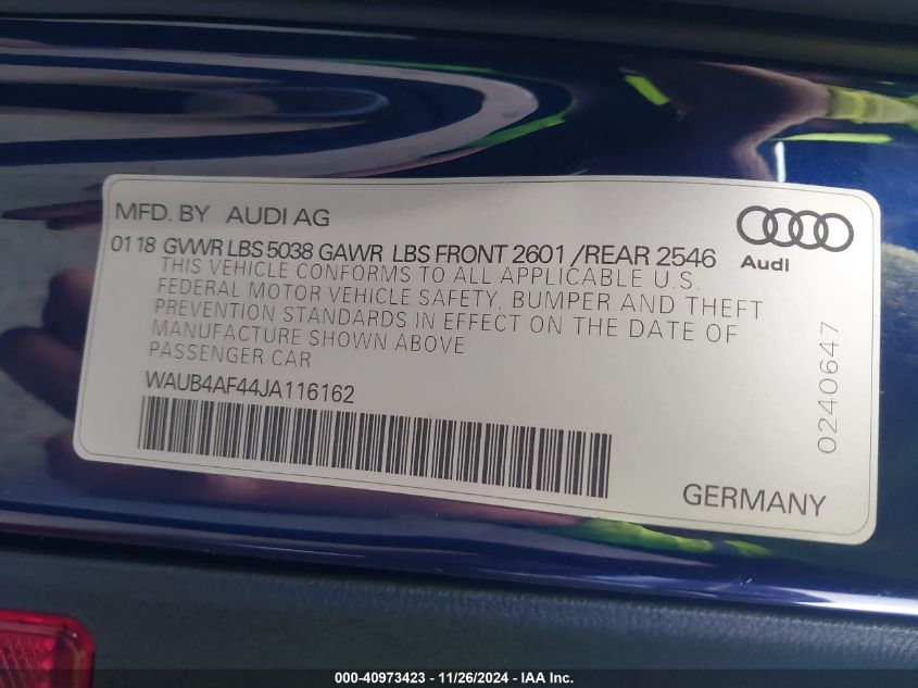 2018 Audi S4 3.0T Premium Plus VIN: WAUB4AF44JA116162 Lot: 40973423