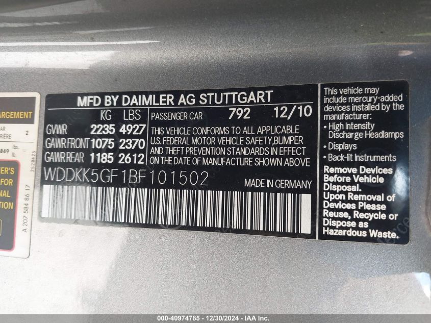 2011 Mercedes-Benz E 350 350 VIN: WDDKK5GF1BF101502 Lot: 40974785