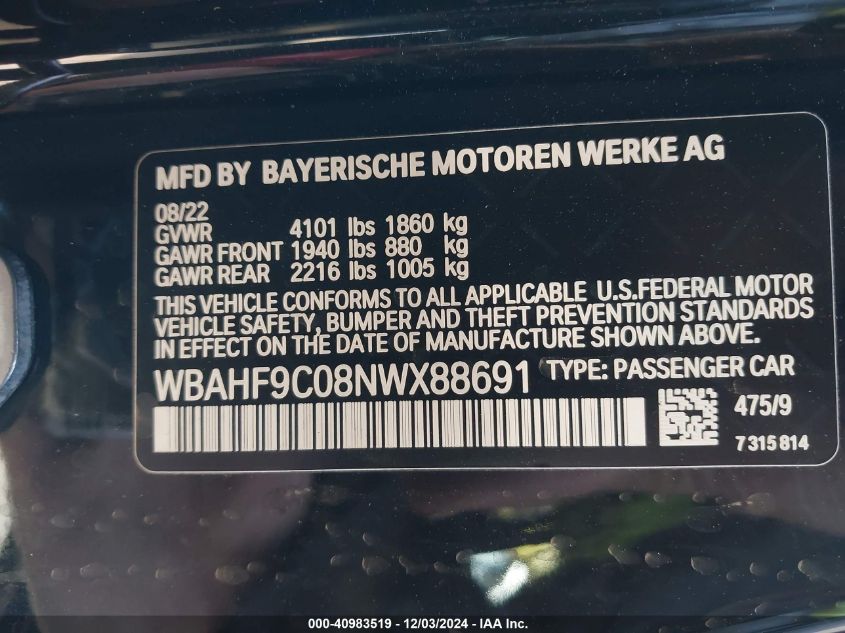 2022 BMW Z4 M40I VIN: WBAHF9C08NWX88691 Lot: 40983519