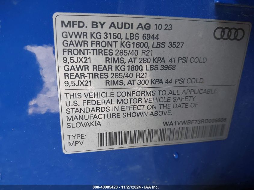 2024 Audi Sq7 Prestige Tfsi Quattro Tiptronic VIN: WA1VWBF73RD006606 Lot: 40985423