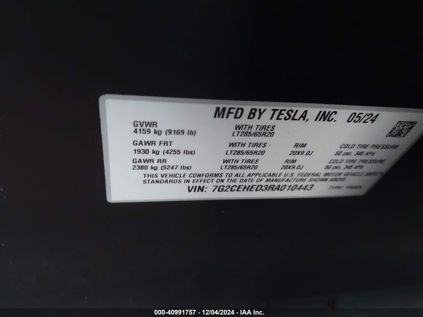 2024 Tesla Cybertruck All-Wheel Drive VIN: 7G2CEHED3RA010443 Lot: 40991757