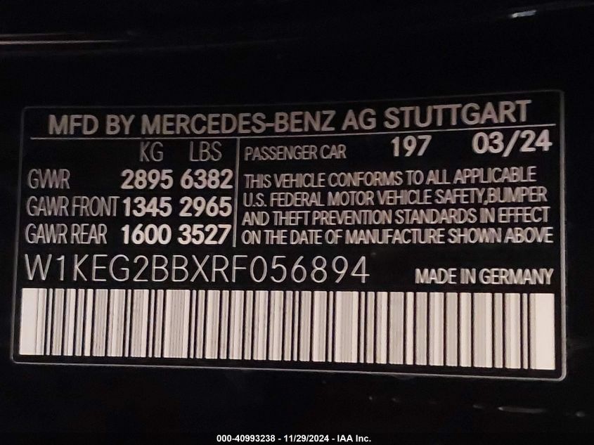 2024 Mercedes-Benz Eqe 350+ VIN: W1KEG2BBXRF056894 Lot: 40993238