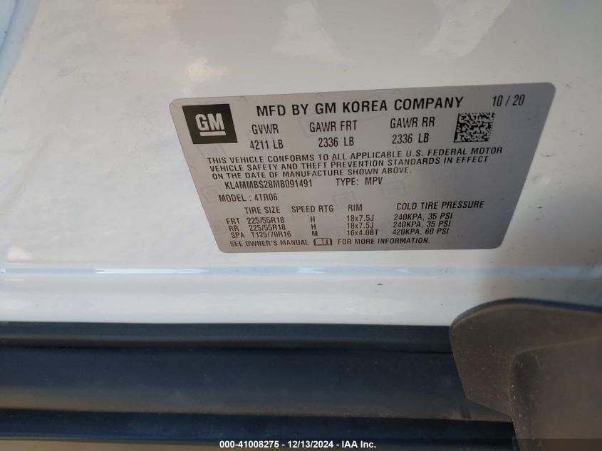 2021 Buick Encore Gx Fwd Preferred VIN: KL4MMBS28MB091491 Lot: 41008275