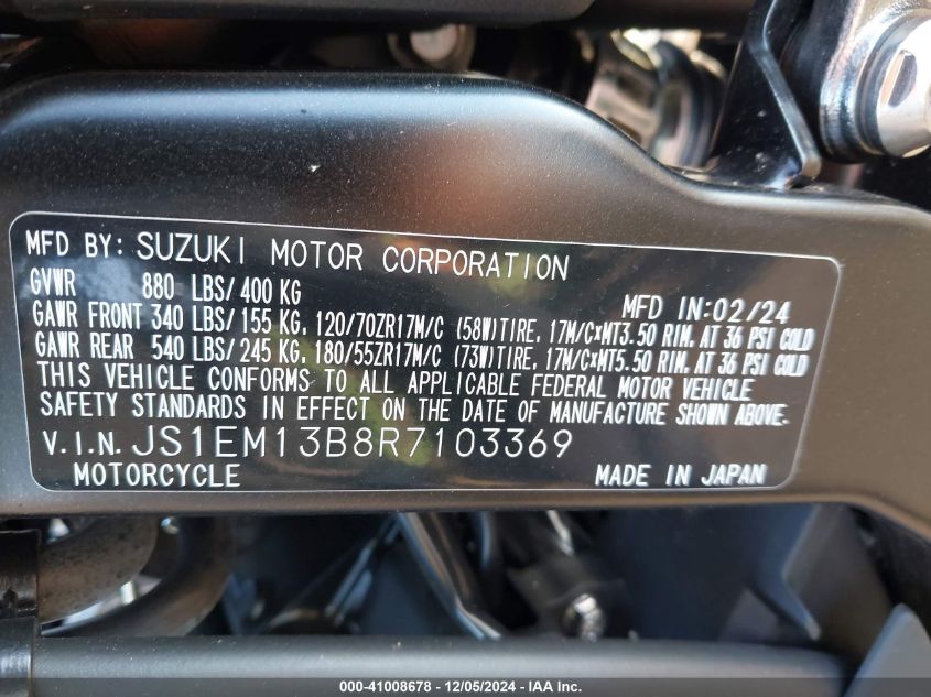 2024 Suzuki Gsx800 F VIN: JS1EM13B8R7103369 Lot: 41008678