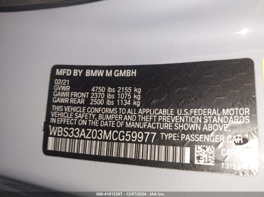 2021 BMW M4 Competition VIN: WBS33AZ03MCG59977 Lot: 41012387