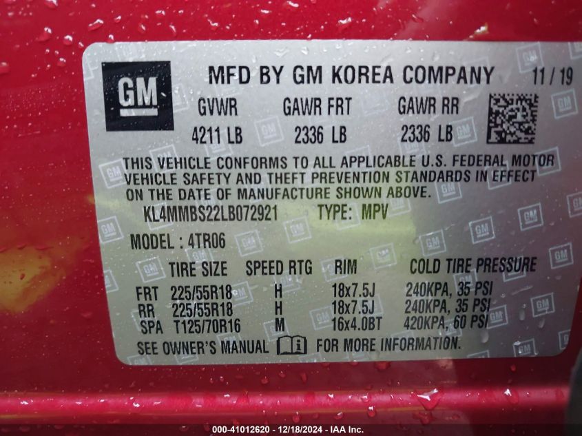 2020 Buick Encore Gx Fwd Preferred VIN: KL4MMBS22LB072921 Lot: 41012620