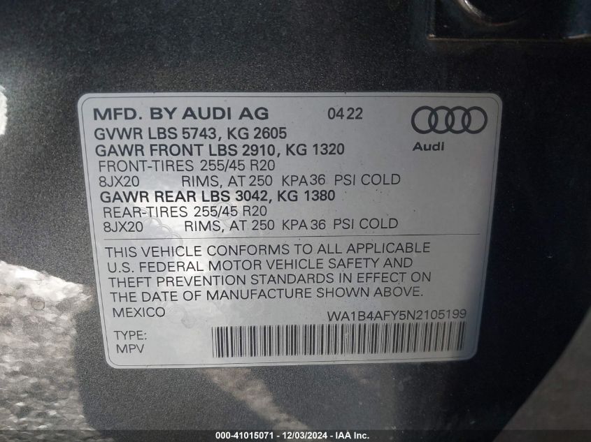 2022 Audi Sq5 Premium Plus Tfsi Quattro Tiptronic VIN: WA1B4AFY5N2105199 Lot: 41015071