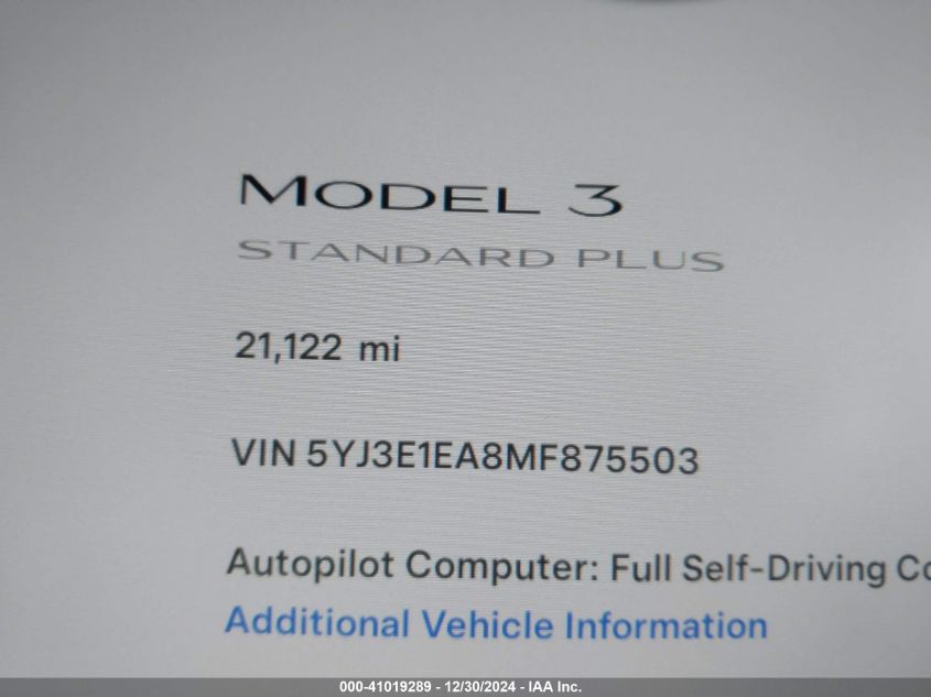 2021 Tesla Model 3 Standard Range Plus Rear-Wheel Drive VIN: 5YJ3E1EA8MF875503 Lot: 41019289