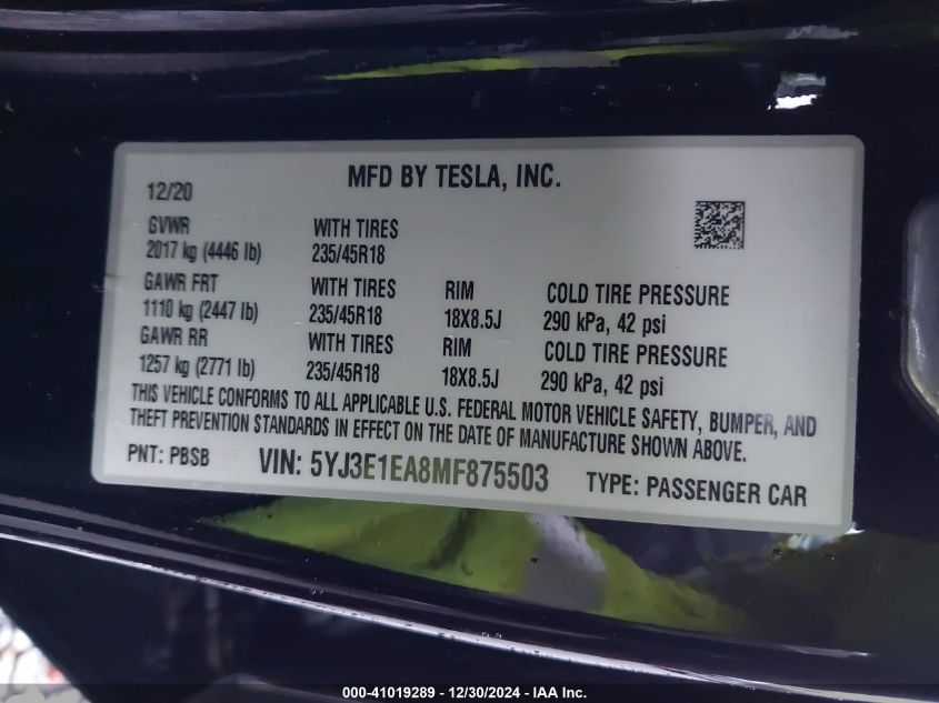 2021 Tesla Model 3 Standard Range Plus Rear-Wheel Drive VIN: 5YJ3E1EA8MF875503 Lot: 41019289