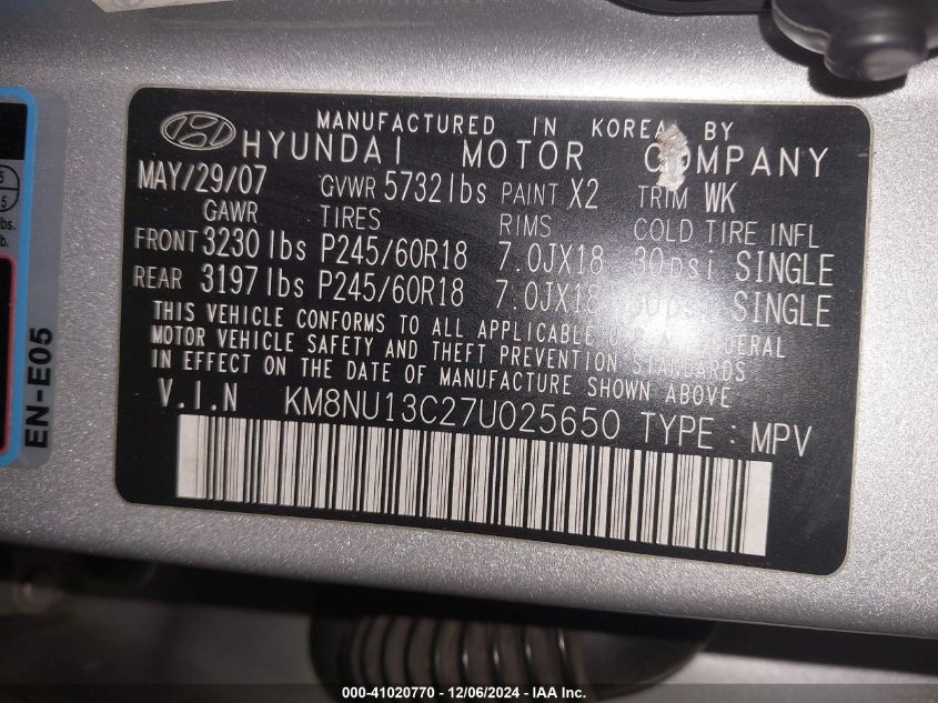 2007 Hyundai Veracruz Gls/Limited/Se VIN: KM8NU13C27U025650 Lot: 41020770