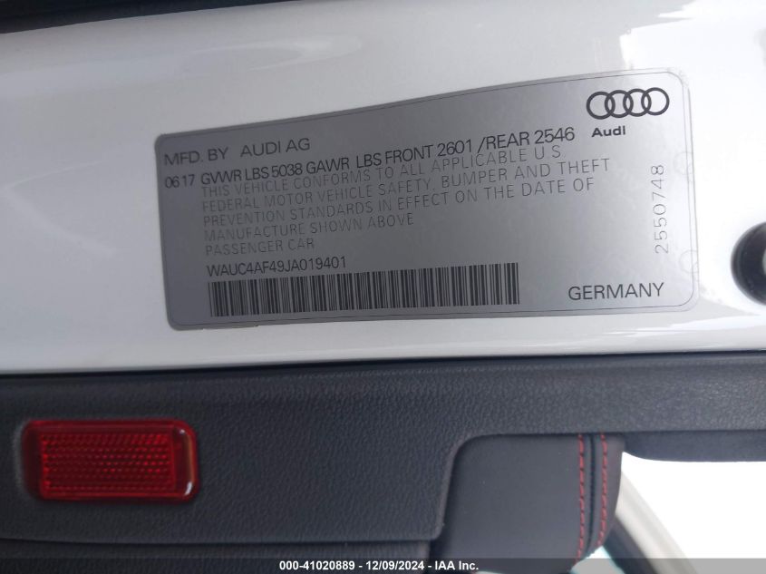 2018 Audi S4 3.0T Premium Plus VIN: WAUC4AF49JA019401 Lot: 41020889