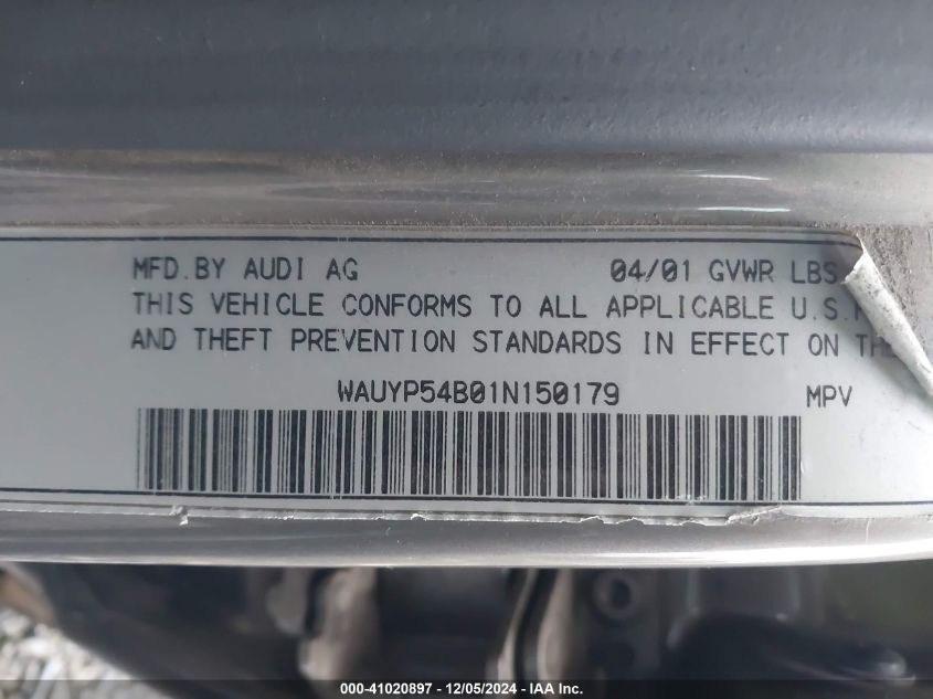 2001 Audi Allroad VIN: WAUYP54B01N150179 Lot: 41020897