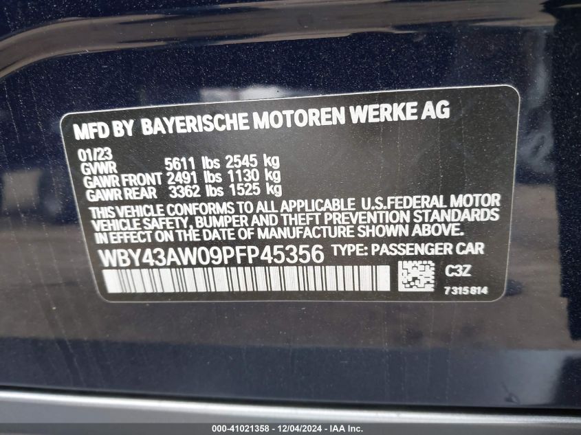 2023 BMW I4 Edrive35 VIN: WBY43AW09PFP45356 Lot: 41021358