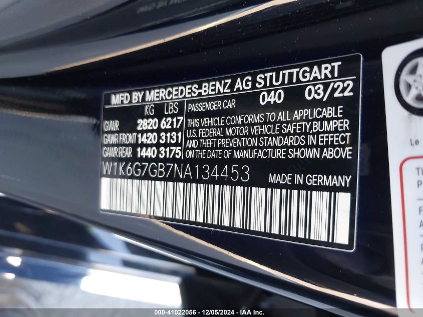 2022 Mercedes-Benz S 580 4Matic VIN: W1K6G7GB7NA134453 Lot: 41022056