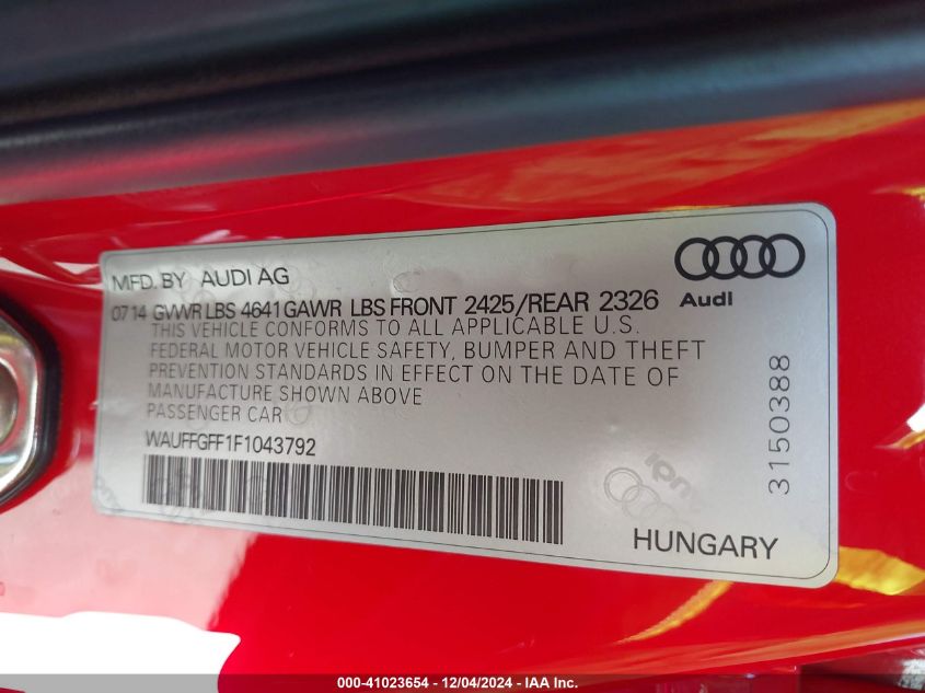 2015 Audi S3 2.0T Premium Plus VIN: WAUFFGFF1F1043792 Lot: 41023654