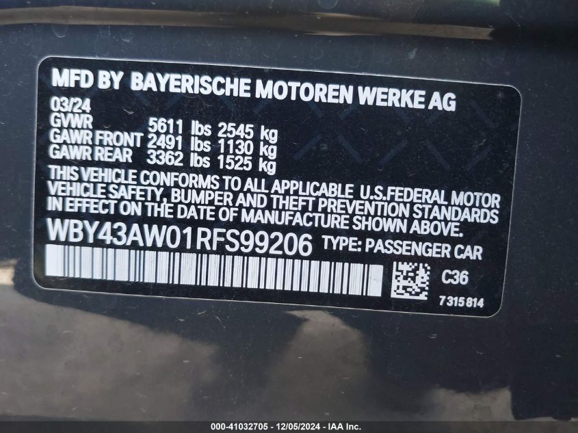 2024 BMW I4 Edrive35 VIN: WBY43AW01RFS99206 Lot: 41032705