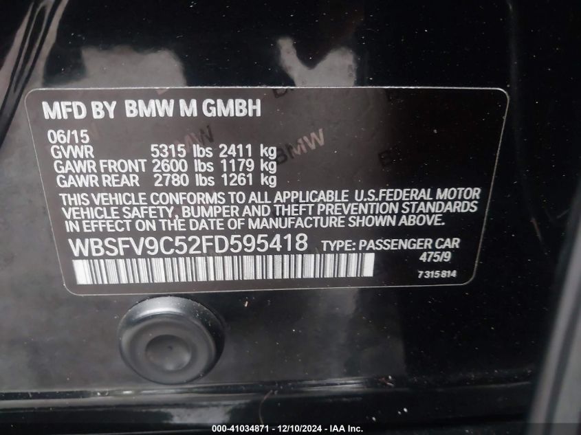 2015 BMW M5 VIN: WBSFV9C52FD595418 Lot: 41034871