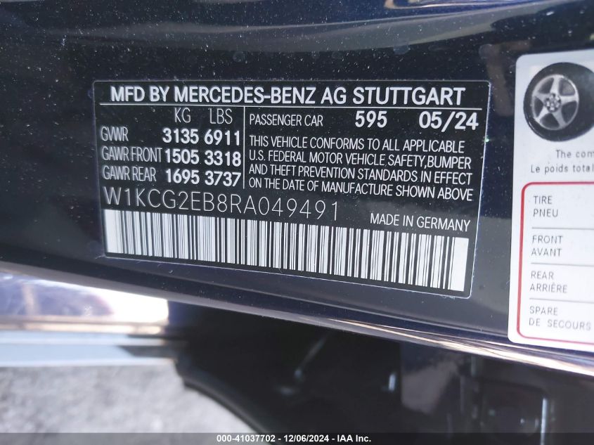 2024 Mercedes-Benz Eqs 450 4Matic VIN: W1KCG2EB8RA049491 Lot: 41037702