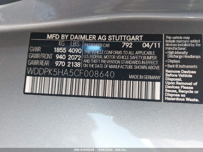 2012 Mercedes-Benz Slk 350 VIN: WDDPK5HA5CF008640 Lot: 41038239