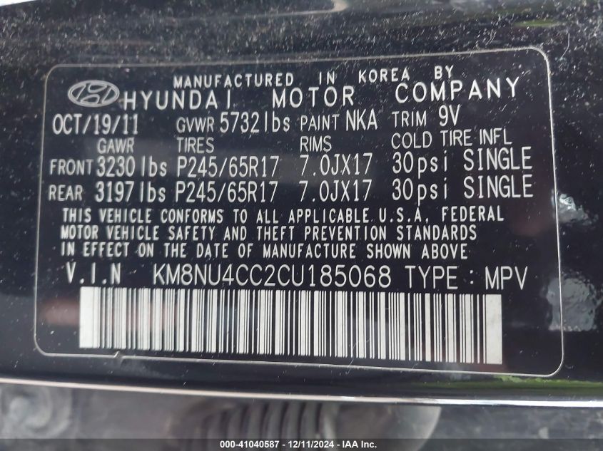 2012 Hyundai Veracruz Gls VIN: KM8NU4CC2CU185068 Lot: 41040587