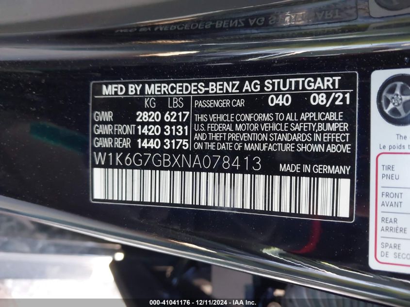 2022 Mercedes-Benz S 580 4Matic VIN: W1K6G7GBXNA078413 Lot: 41041176