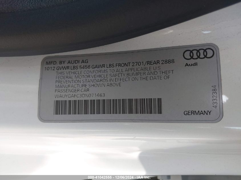 2013 Audi A7 3.0T Premium VIN: WAUYGAFC3DN071463 Lot: 41042555