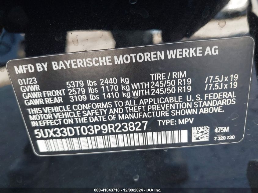 2023 BMW X4 xDrive30I VIN: 5UX33DT03P9R23827 Lot: 41043718