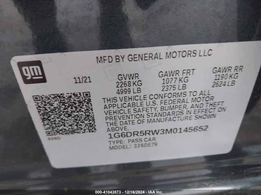 2021 Cadillac Ct5 V-Series VIN: 1G6DR5RW3M0145652 Lot: 41043873