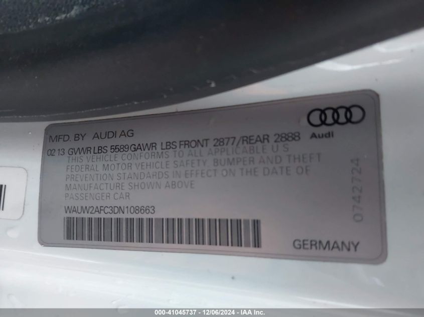 2013 Audi S7 4.0T Prestige VIN: WAUW2AFC3DN108663 Lot: 41045737