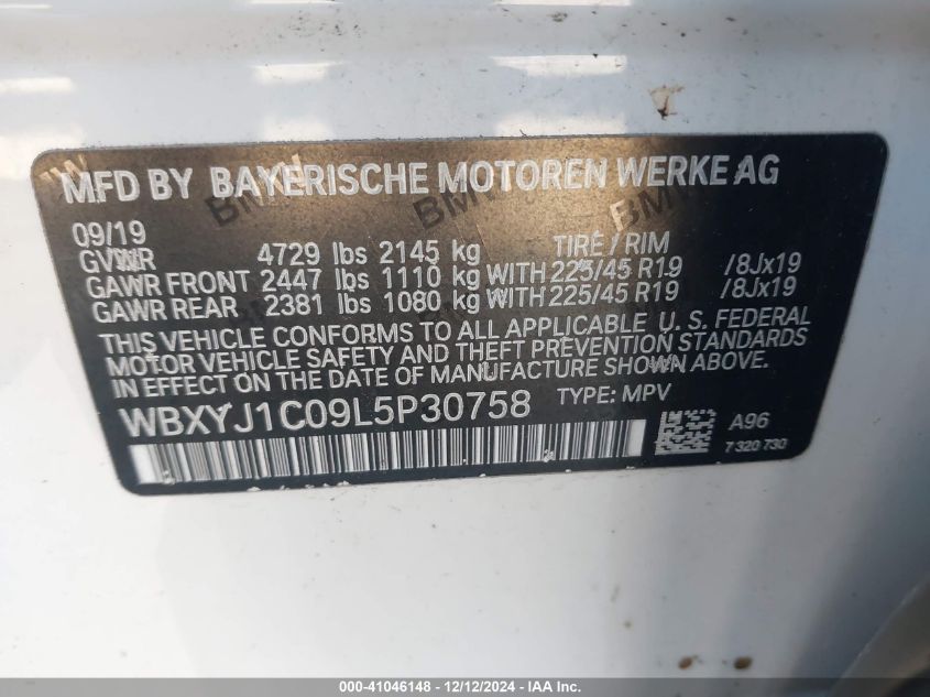 2020 BMW X2 xDrive28I VIN: WBXYJ1C09L5P30758 Lot: 41046148