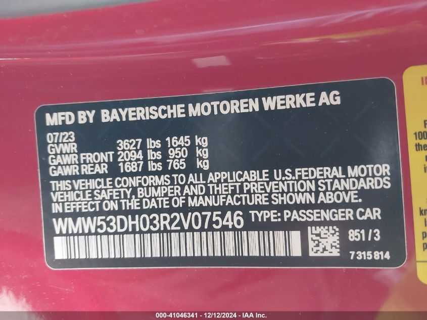 2024 Mini Hardtop Cooper S VIN: WMW53DH03R2V07546 Lot: 41046341