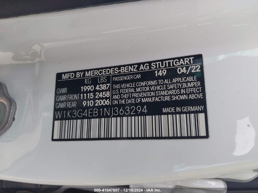 2022 Mercedes-Benz A 220 VIN: W1K3G4EB1NJ363294 Lot: 41047607