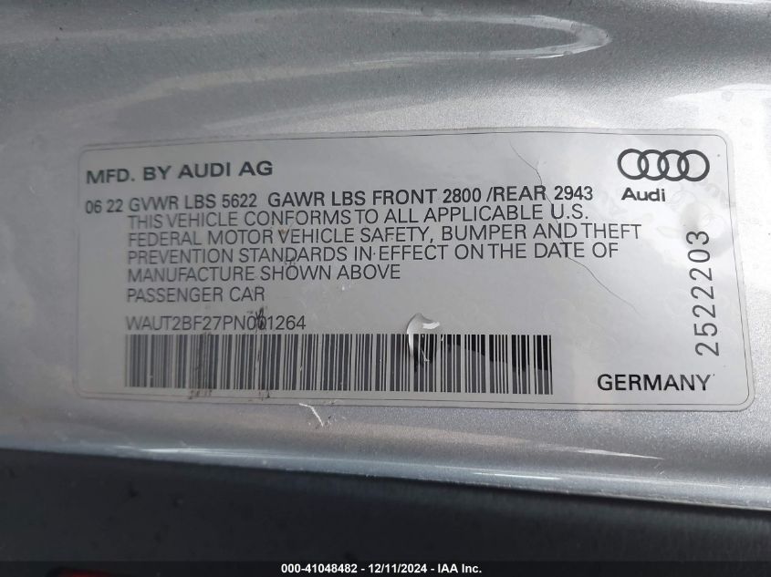 2023 Audi A7 Sportback Premium 55 Tfsi Quattro S Tronic VIN: WAUT2BF27PN001264 Lot: 41048482