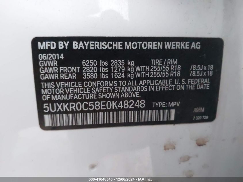 2014 BMW X5 xDrive35I VIN: 5UXKR0C58E0K48248 Lot: 41048543